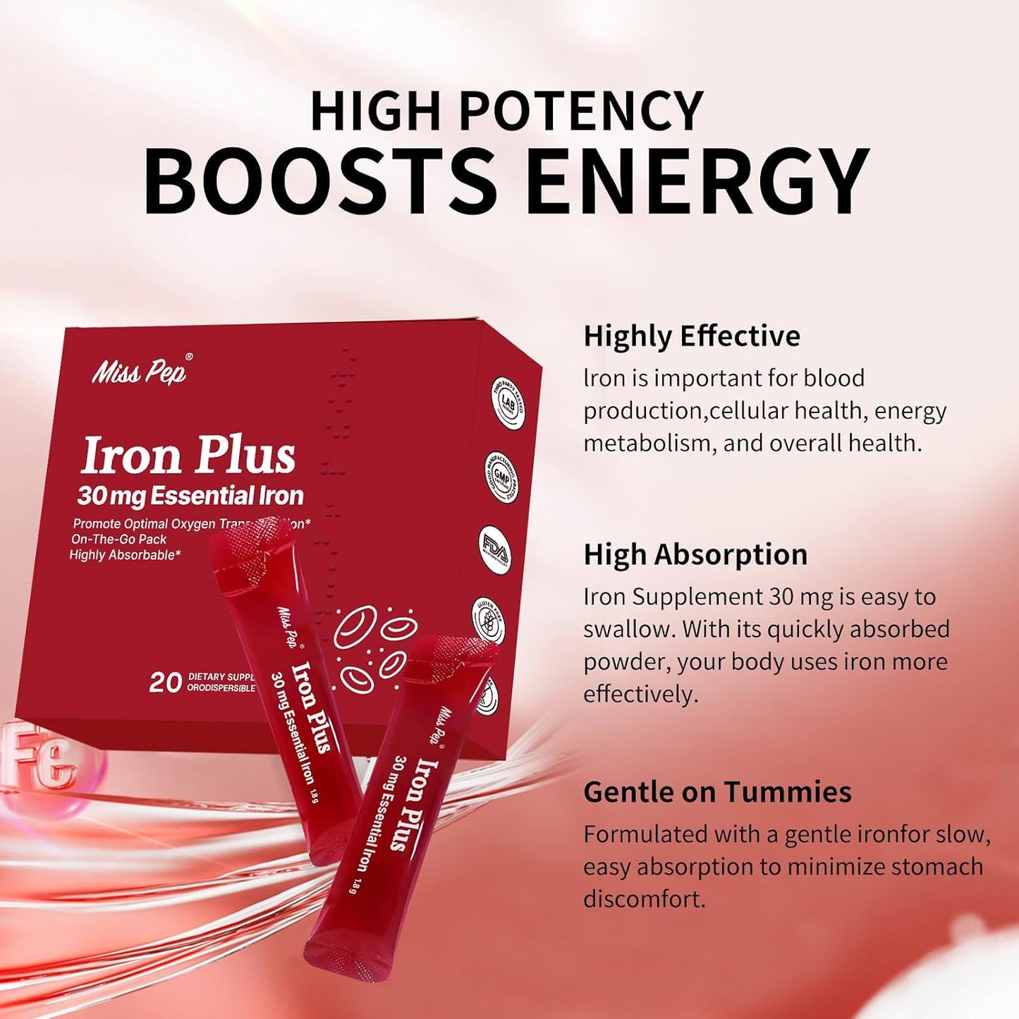 Iron Supplement, 30 Mg Iron Supplement for Women and Men, Promotes Red Blood Cell Production, Supports Iron Deficiency in Adults, 20 Ready-to-Drink Powder Sachets