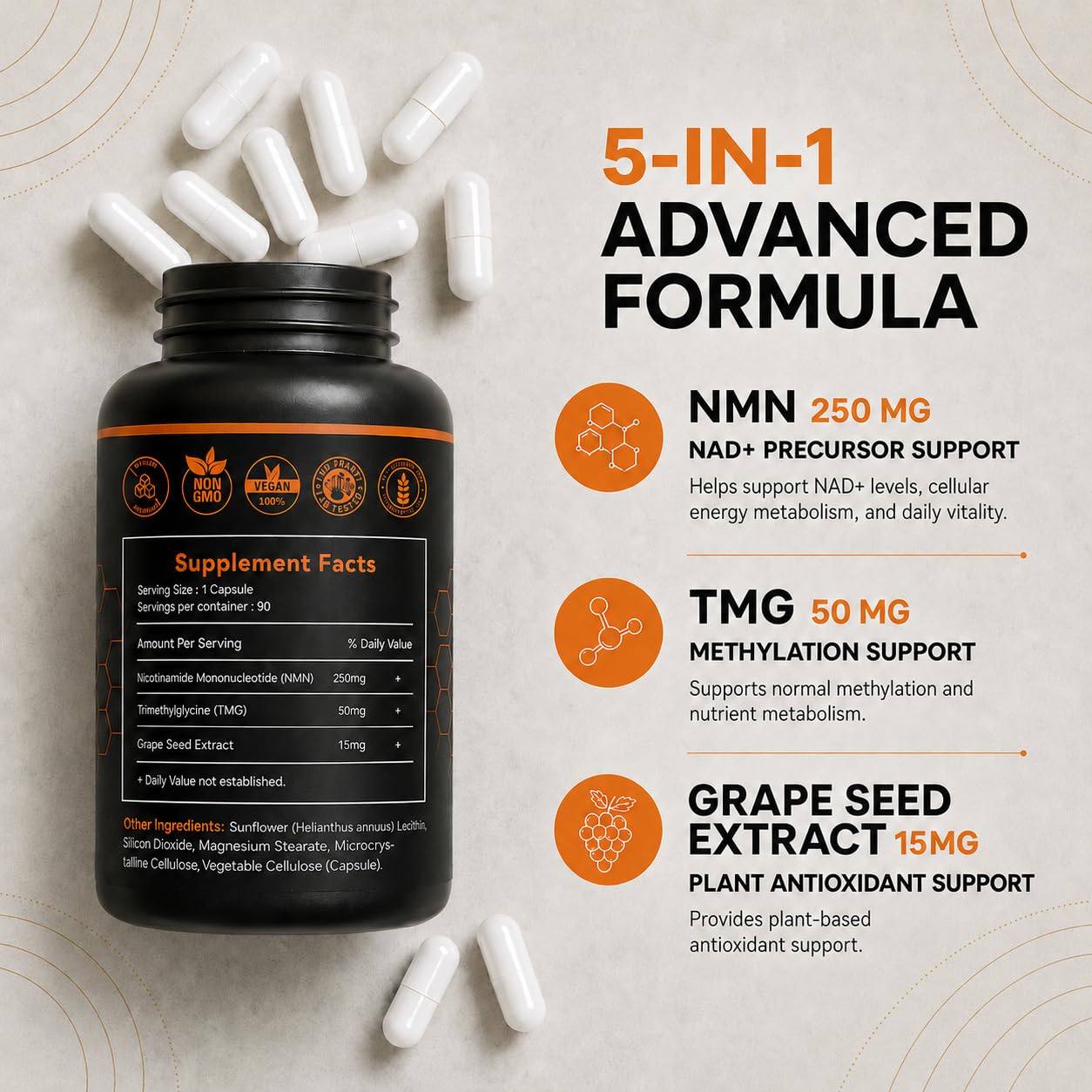 NMN Supplement 250mg, NAD+ Precursor with TMG 50mg & Grape Seed Extract 15mg, Nicotinamide Mononucleotide for Cellular Energy, Daily Vitality & Healthy Aging Support, Advanced 3-in-1 Daily Formula