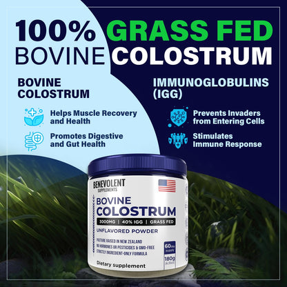 Bovine Colostrum Powder Supplement (3000mg + 40% IgG + No Fillers) Supports Gut & Digestive Health, Muscle Recovery & Growth, Immune Support - Unflavored & Easy to Mix - Grass Fed - 60 servings