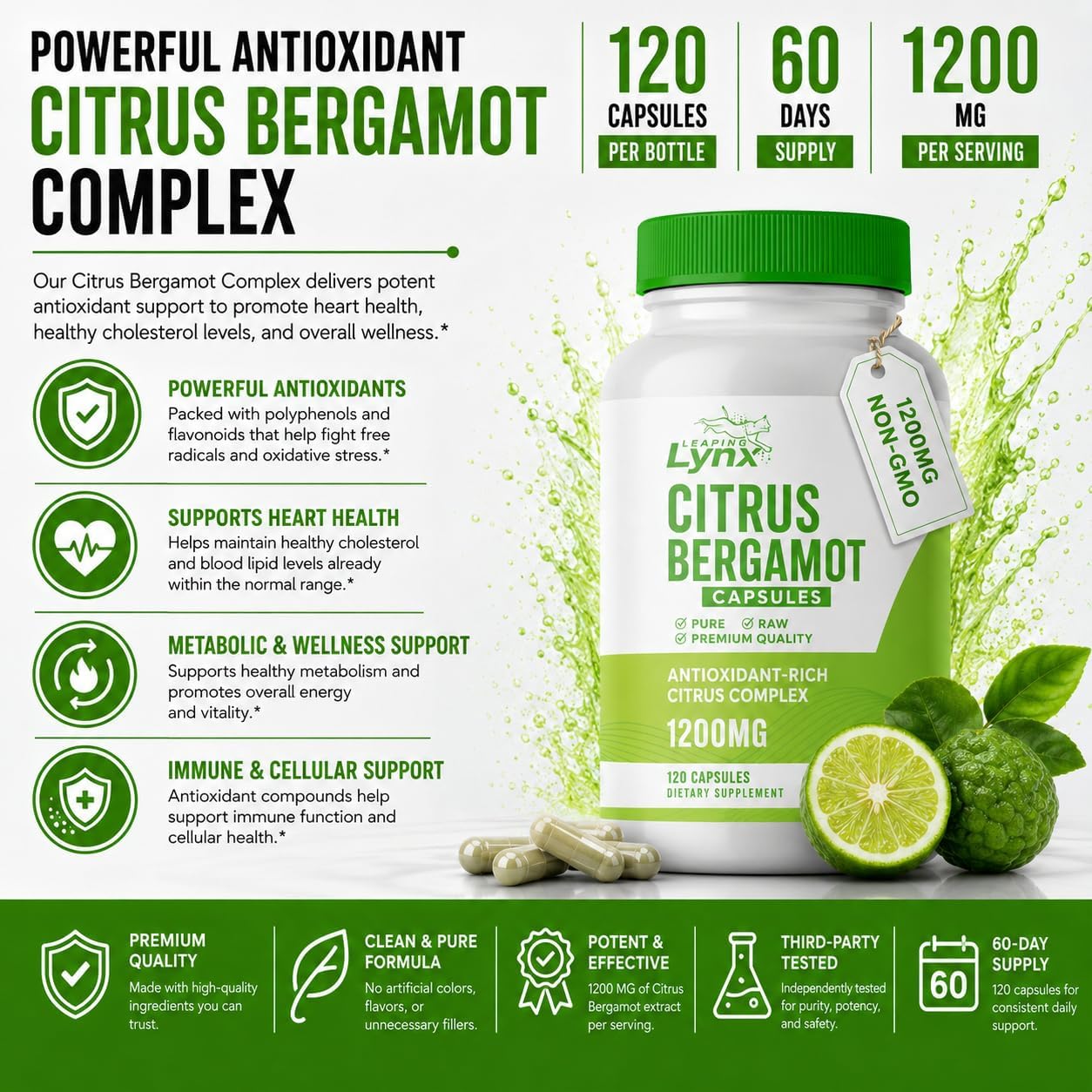 Citrus Bergamot 1200 mg – Heart & Cholesterol Support Supplement | 120 Capsules (60-Day Supply) | Antioxidant-Rich Extract for Circulatory & Metabolic Wellness | Non-GMO