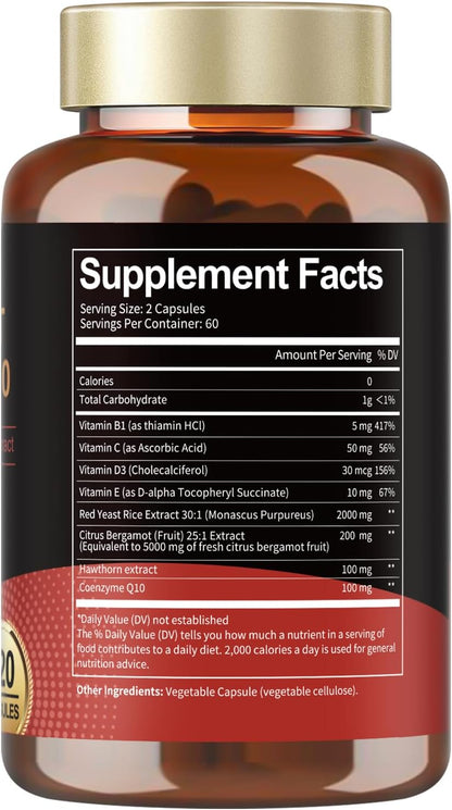 Totaria Red Yeast Rice 2,000mg with CoQ10 Supplement - Advanced Healthy Heart & Healthy Cholesterol Levels - Citrinin Free Extract Red Yeast Rice Capsules Plus Citrus Bergamot - Vegan, Non-GMO