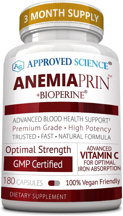 Approved Science Anemiaprin - Iron Bisglycinate with Vitamin C - Gentle On Stomach - Non Constipating Iron Supplement for Women and Men - Blood Support - with Folate and B12-3 Months - Vegan