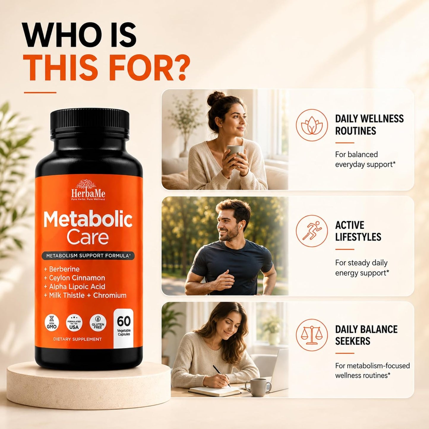 HerbaMe Berberine Supplement with Ceylon Cinnamon, Chromium, Alpha Lipoic Acid, Metabolic Care Supports Metabolism & Cardiovascular Health and Immune System, Helps Maintain Steady Energy Levels