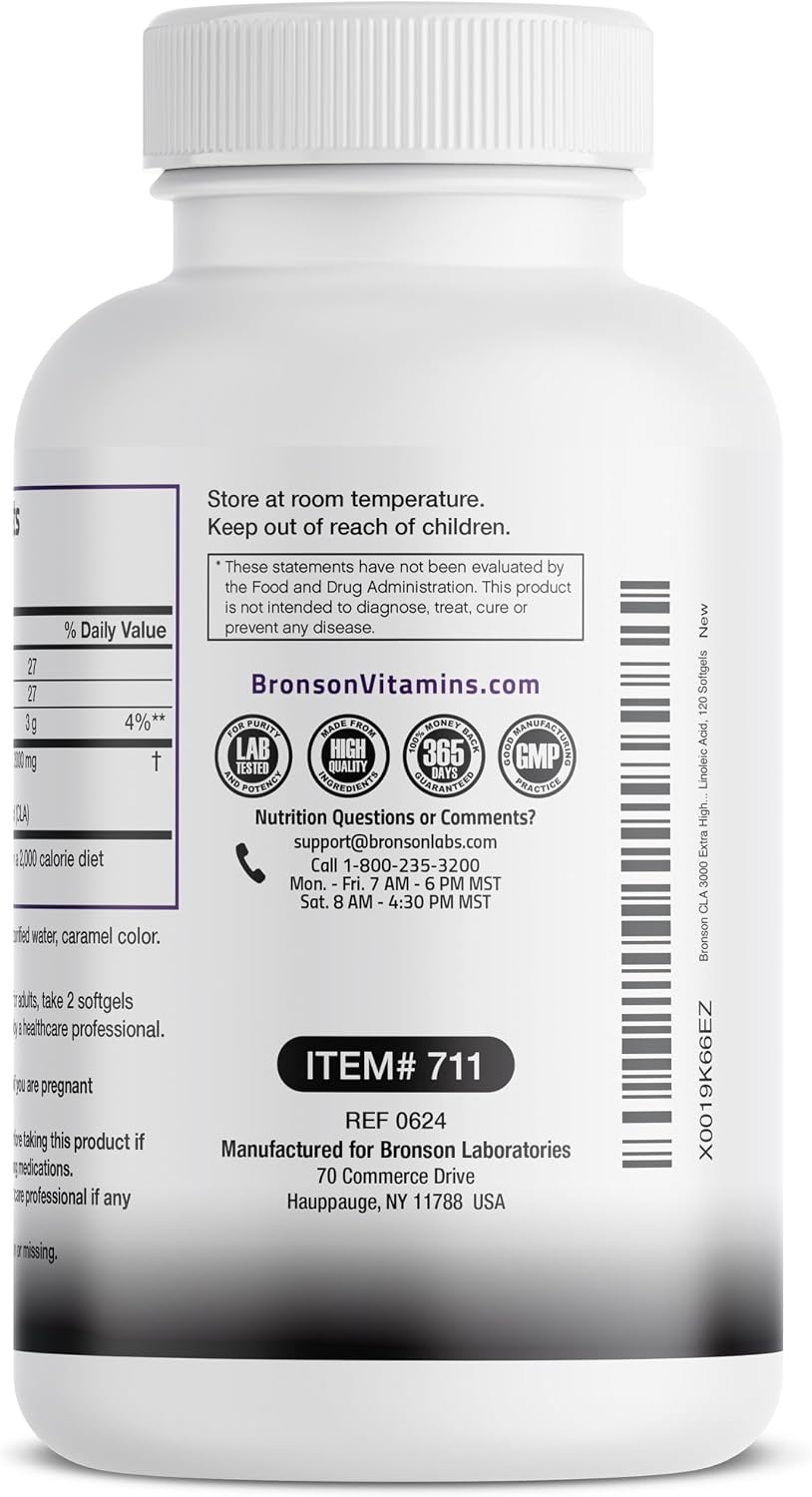 Bronson CLA 3000 Extra High Potency Supports Healthy Weight Management Lean Muscle Mass Non-Stimulating Conjugated Linoleic Acid 120 Softgels | 2250 mg Active CLA per Serving, Non-Stimulating, 100% Safflower Oil, Lean Body Mass Support, Non-GMO