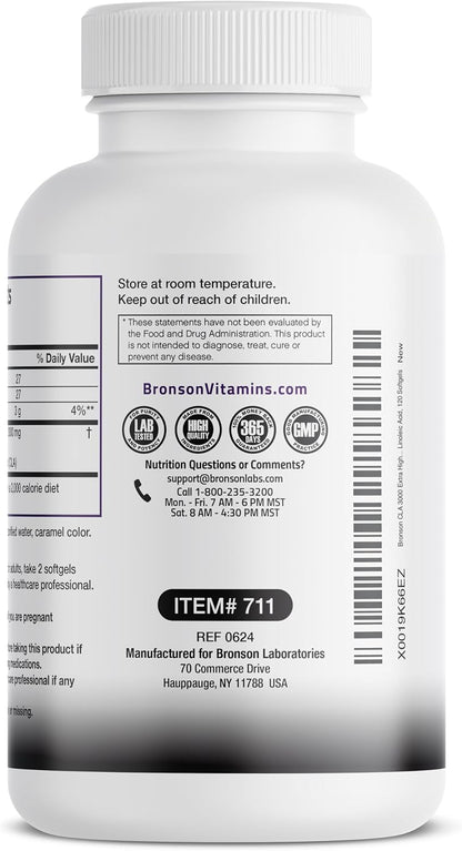 Bronson CLA 3000 Extra High Potency Supports Healthy Weight Management Lean Muscle Mass Non-Stimulating Conjugated Linoleic Acid 120 Softgels | 2250 mg Active CLA per Serving, Non-Stimulating, 100% Safflower Oil, Lean Body Mass Support, Non-GMO