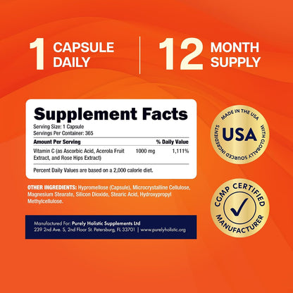 Vitamin C 1000mg, Immune Support, Timed-Release Capsules, 1 Year Supply | Vitamin C Supplement with Acerola Cherry & Rose Hips, Daily Antioxidant & Wellness Support, Vegan, Non-GMO, 365 Capsules