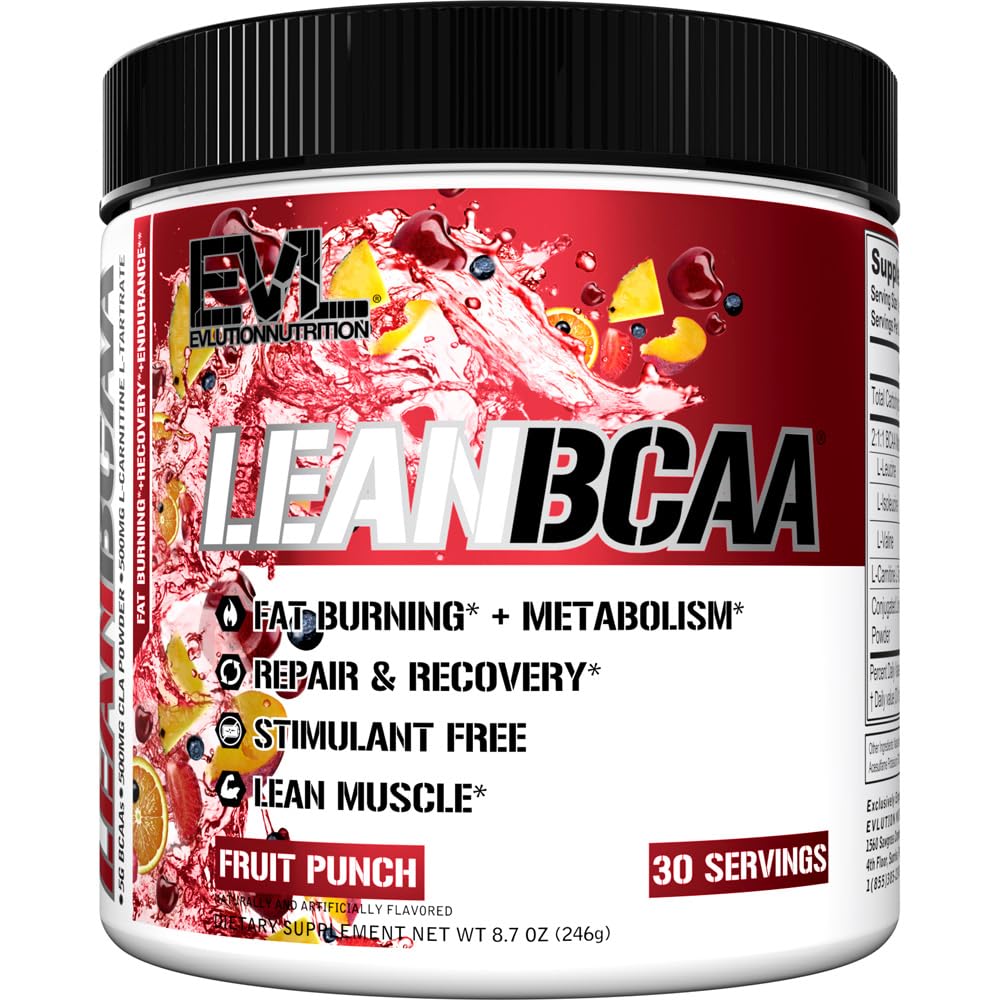 Stimulant Free Lean BCAA Powder - Evlution Nutrition BCAAs Amino Acids Powder with CLA Carnitine and 2:1:1 Branched Chain Amino Acids Supports Muscle Recovery Fat Burn and Metabolism - Fruit Punch
