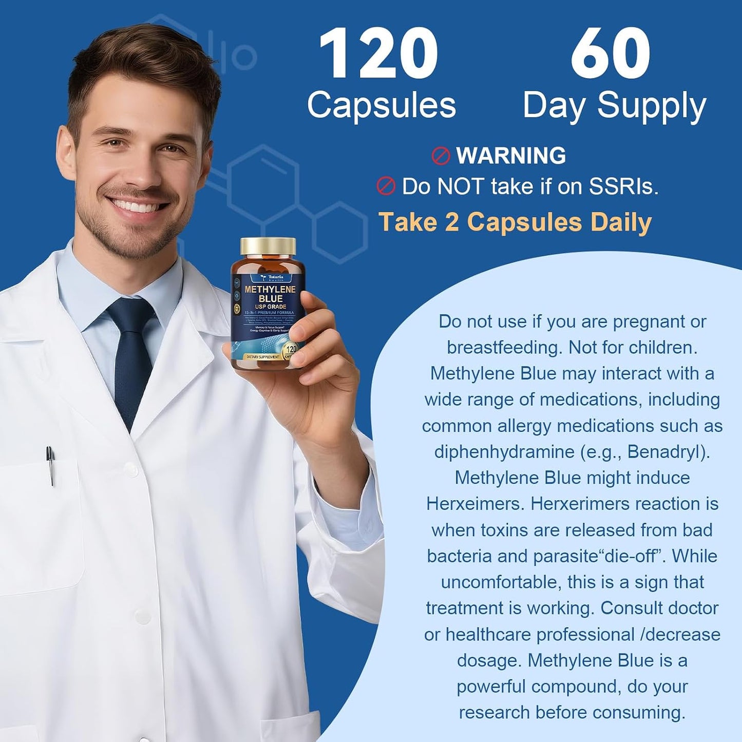 USP Methylene Blue Pharmaceutical Grade, Vitamin C Ester, Bacopa, Phosphatidylserine, Omega-3 Fatty Acids - 13 in 1 Upgrade Patented Brain Formula - Memory, Focus, Clarity, Cognitive, 120 Count