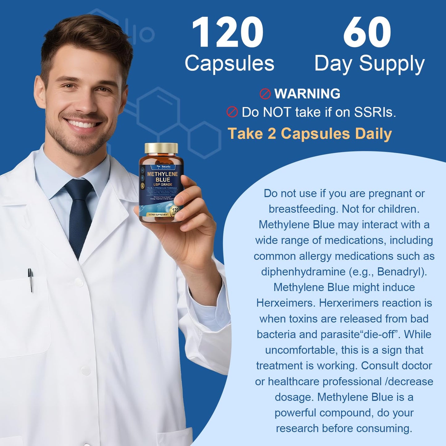 USP Methylene Blue Pharmaceutical Grade, Vitamin C Ester, Bacopa, Phosphatidylserine, Omega-3 Fatty Acids - 13 in 1 Upgrade Patented Brain Formula - Memory, Focus, Clarity, Cognitive, 120 Count