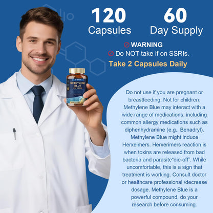 USP Methylene Blue Pharmaceutical Grade, Vitamin C Ester, Bacopa, Phosphatidylserine, Omega-3 Fatty Acids - 13 in 1 Upgrade Patented Brain Formula - Memory, Focus, Clarity, Cognitive, 120 Count