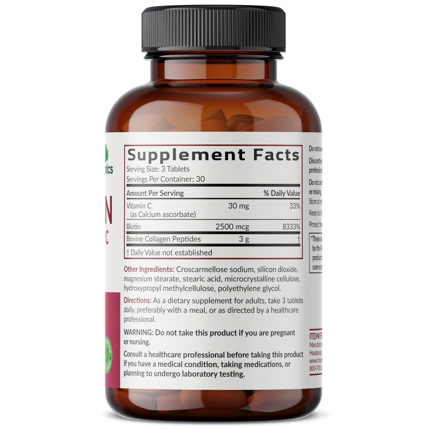 Futurebiotics Collagen Peptides with Biotin & Vitamin C Complex 3-in-1 Formula - for Hair, Skin & Nails Support, Non-GMO, 90 Tablets