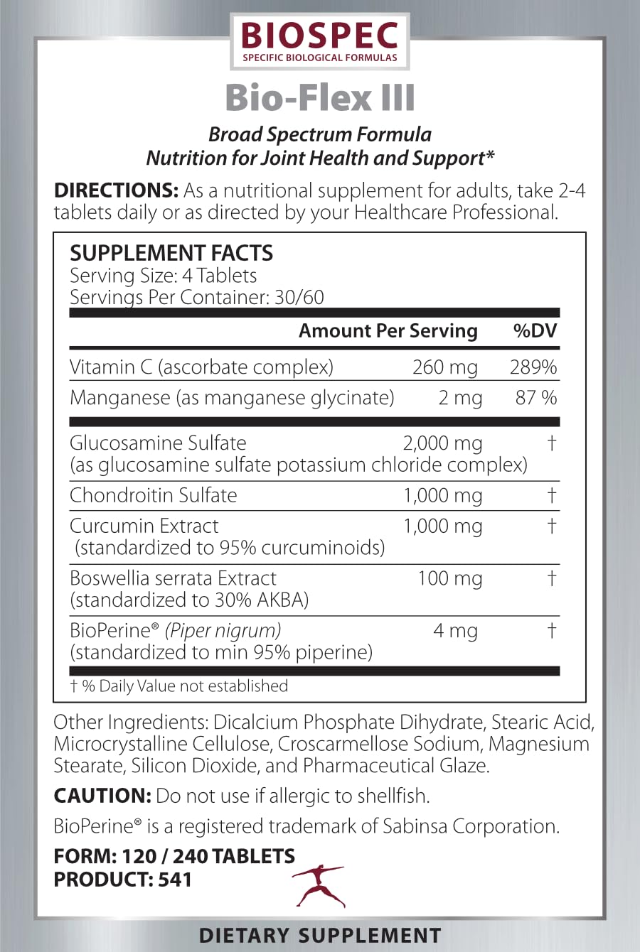 BIOSPEC NUTRITIONALS Bio-Flex III Joint Support Supplement – Glucosamine, Chondroitin, Curcumin, Boswellia, Vitamin C & Manganese with BioPerine® – (120 Count)