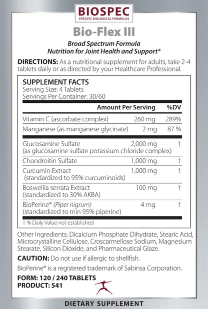 BIOSPEC NUTRITIONALS Bio-Flex III Joint Support Supplement – Glucosamine, Chondroitin, Curcumin, Boswellia, Vitamin C & Manganese with BioPerine® – (120 Count)