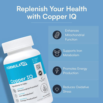 Formula IQ - Copper IQ - High Absorption Albion Bisglycinate Mineral for Energy Production & Iron Metabolism Support, Chelated Supplement, 60 Veggie Capsules