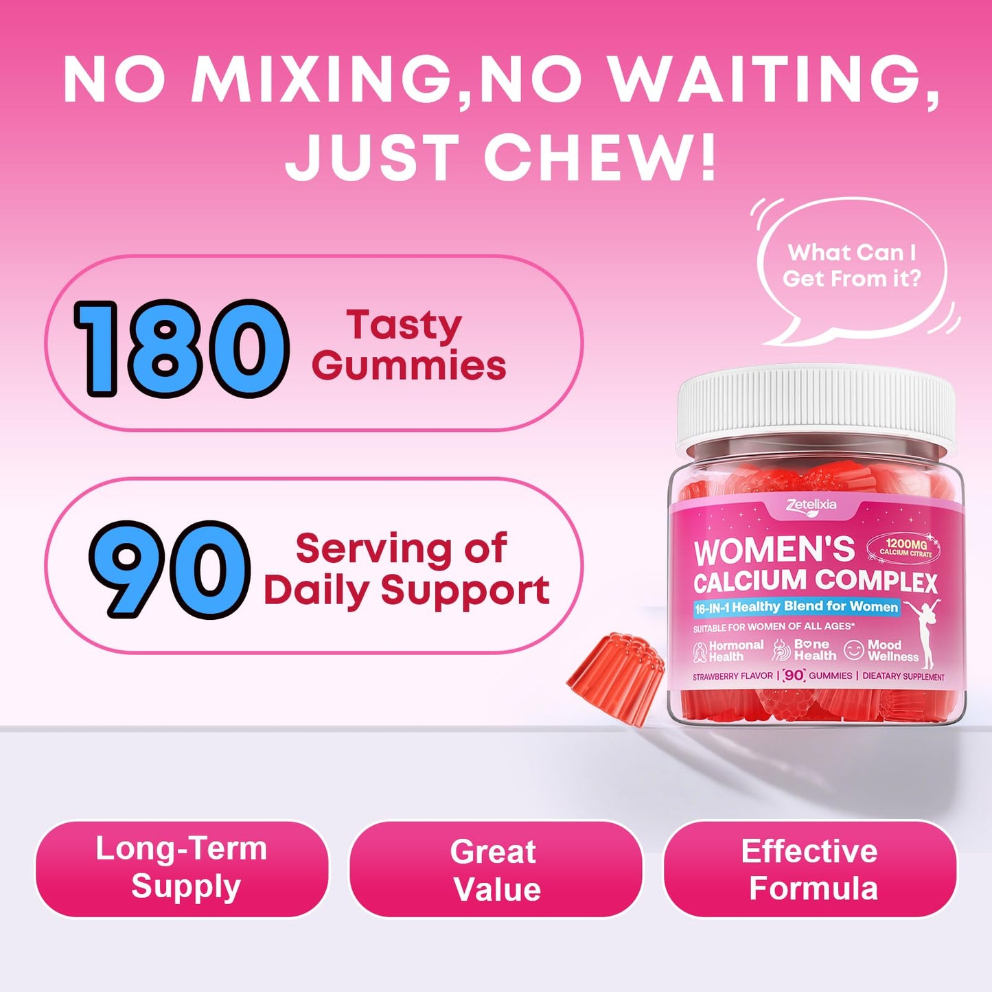 Calcium Gummies for Women, Calcium Citrate 1200mg with Vitamin D3 K2, Collagen & Biotin, B0ne, Teeth, Immune & Hormone Support, Sugar Free, Non-GMO, Gluten-Free, Strawberry Flavor, 90 Count