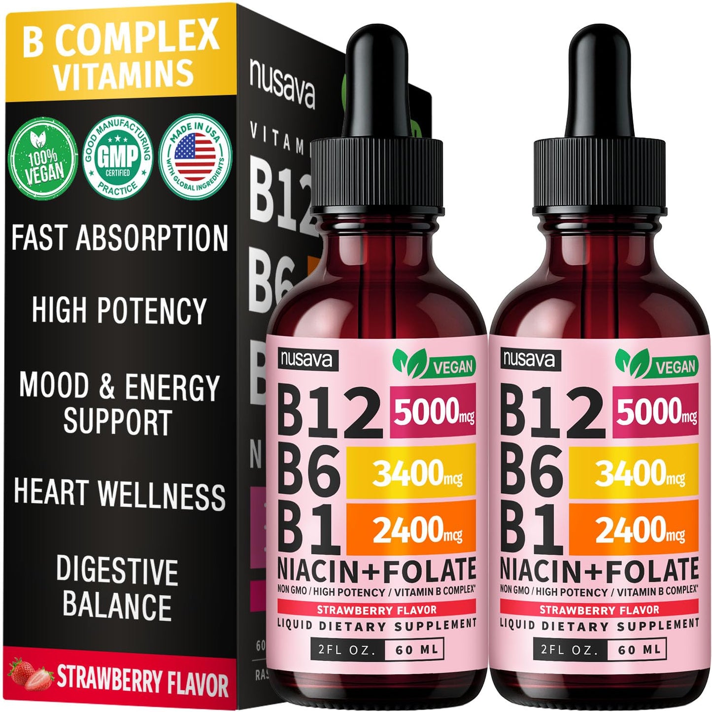 NUSAVA (2 Pack) Vitamin B12 Liquid Drops with B6, B1, Niacin & Folate — B12 Sublingual Vitamin B Complex, Methylcobalamin 5000 mcg, for Energy, Brain & Heart Support, Raspberry Flavor, 80 Servings