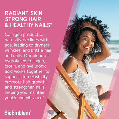 BioEmblem Beauty Collagen - Multi Collagen Complex, Hyaluronic Acid, Vitamin C & Biotin - Bovine, Fish, Chicken Bone Broth & Eggshell Membrane Sources - 30 Servings