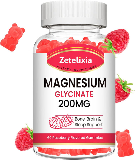 200MG Magnesium Glycinate Gummies, High Absorption Magnesium Glycinate Supplements for Relaxation, Raspberry Flavor 60 Count