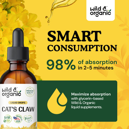 Wild & Organic Cats Claw Herb Supplement - Immune Support - Pure Cats Claw Tincture - Add to Tea Liquid Drops - Uncaria Tomentosa Bark - Vegan, Sugar & Alcohol-Free - 4 fl oz