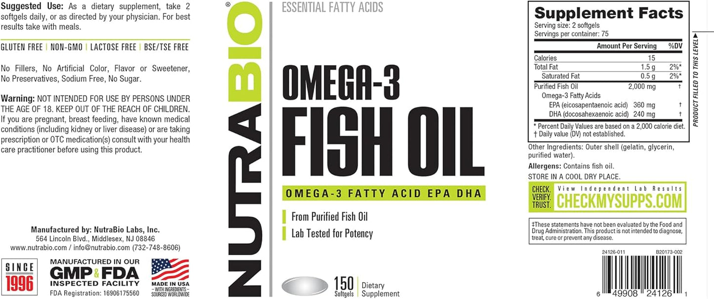 NutraBio Omega 3 Fish Oil Supplements, 2,000mg, 150 Softgels - EPA DHA Omega 3 Fatty Acid Supplement to Help Support a Healthy Heart