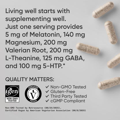 Sports Research® Sleep Complex- Melatonin-Free Vegan Capsules - with Valerian Root, GABA, L-Theanine, Magnesium & 5-HTP - 30 Servings