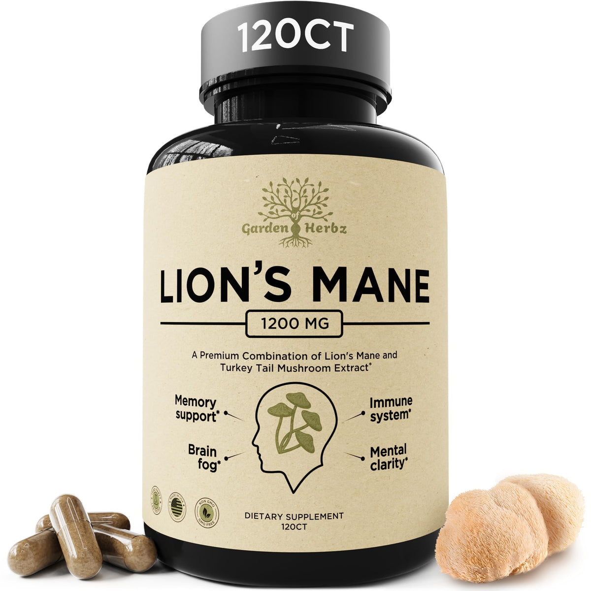 Garden of Herbz Lions Mane Supplement with Turkey Tail – Nootropic Brain Fog, Focus