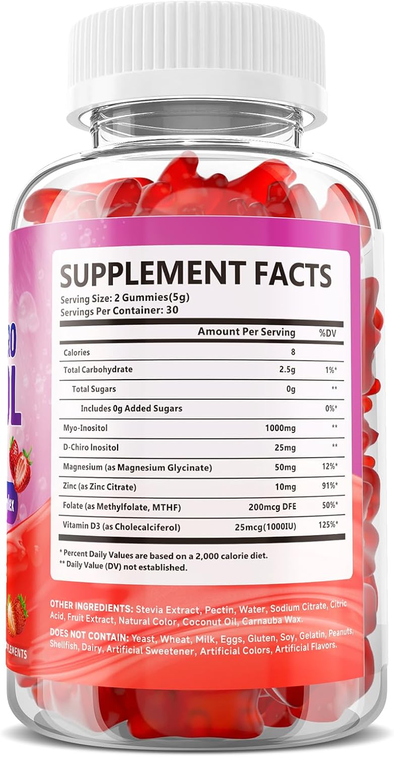 Myo-Inositol & D-Chiro Inositol Gummies for Women, Sugar-Free, 60 Count | Ideal 40:1 Ratio with Vitamin D3, Folate, Magnesium and Zinc - Support Female Health & Wellness, Strawberry Flavor