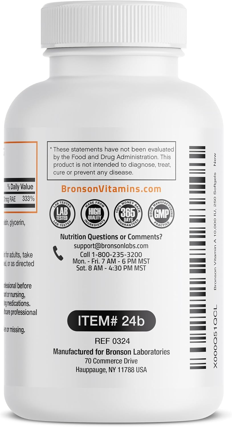 Bronson Vitamin A 10,000 IU Healthy Vision and Immune Support, 250 Softgels | Vitamin A Palmitate, Once-Daily Rapid Release, Skin, Growth & Reproduction Support, Non-GMO