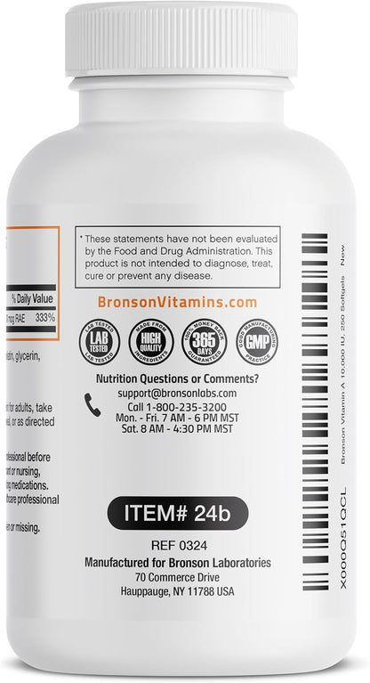 Bronson Vitamin A 10,000 IU Healthy Vision and Immune Support, 250 Softgels | Vitamin A Palmitate, Once-Daily Rapid Release, Skin, Growth & Reproduction Support, Non-GMO