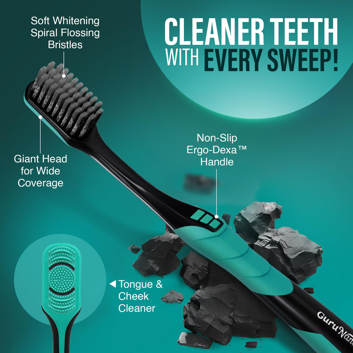 GuruNanda Gentle Giant Toothbrush with Dual Action Flossing Spiral Bristles, Non-Slip Ergo Dexa Grip, Helps in Teeth Whitening, BPA Free Manual Toothbrushes, Assorted Colors, 4 Count