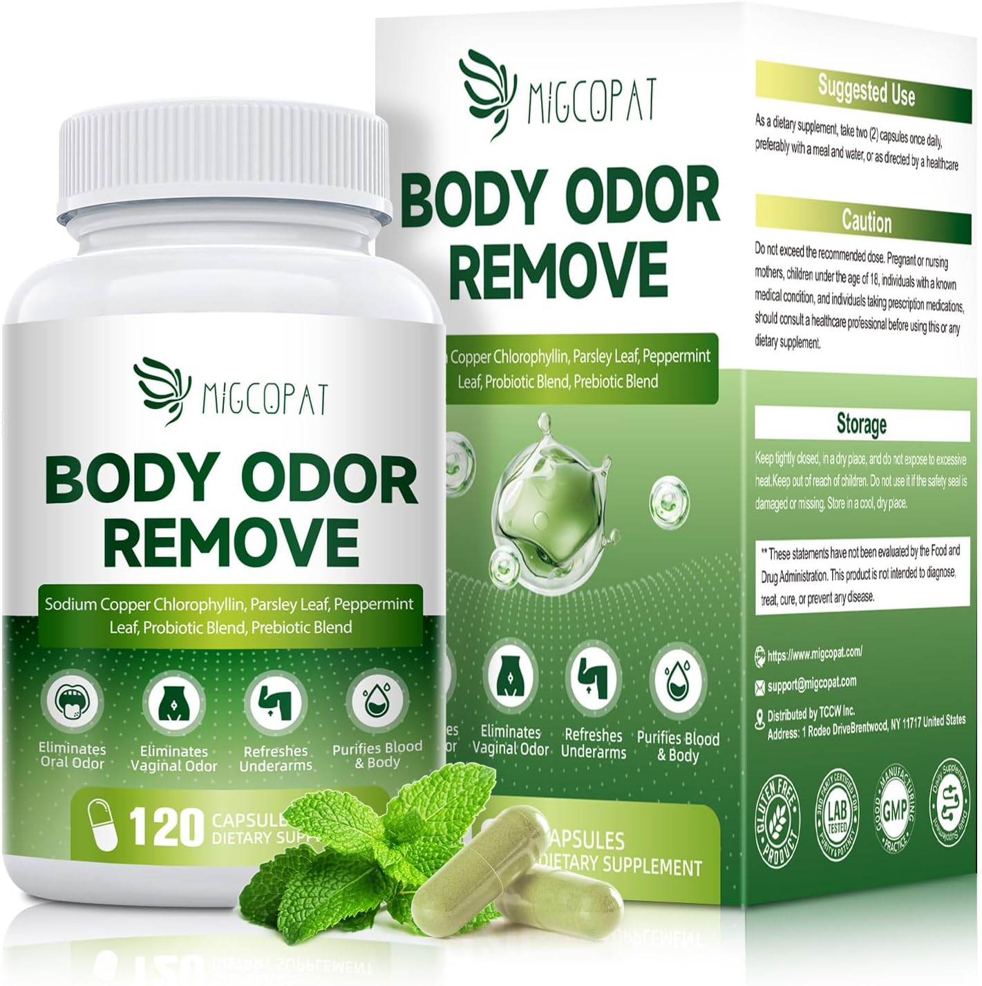 Chlorophyll Body Deodorizing Supplement with 10 Billion CFU Probiotic, Vitamin C & E, Parsley, Peppermint, Green Tea, Prebiotics, Chlorophyll Capsules Supports Breath & Whole-Body Freshness, 120 Caps