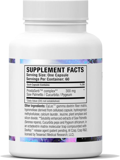 Tesseract ProstaSorb, Prostate Supplements for Men with Saw Palmetto, Pygeum and Pumpkin, Supports Healthy Prostate Function, Bladder Emptying, Urinary Flow, Gluten Free, 60 Vegetarian Capsules