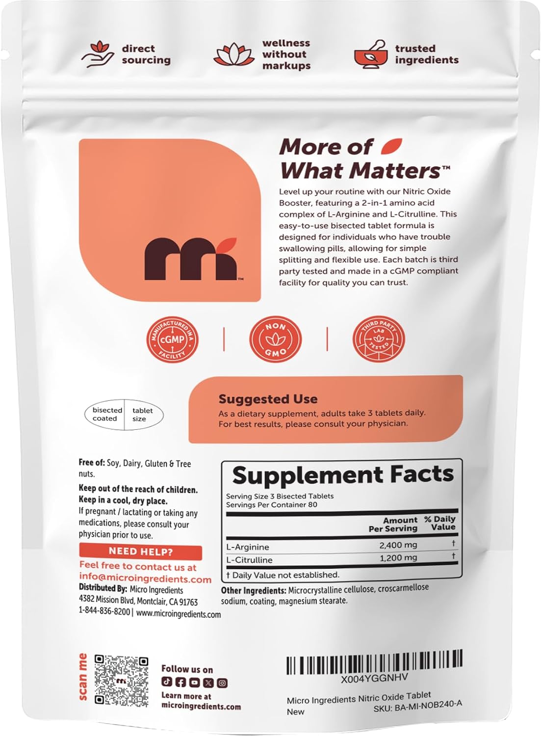 Micro Ingredients Nitric Oxide Supplement for Men & Women 3,600mg Per Serving, 240 Bisected Tablets | L-Arginine + L-Citrulline Amino Acid Complex | Pre-Workout, Caffeine-Free | Non-GMO, Gluten Free