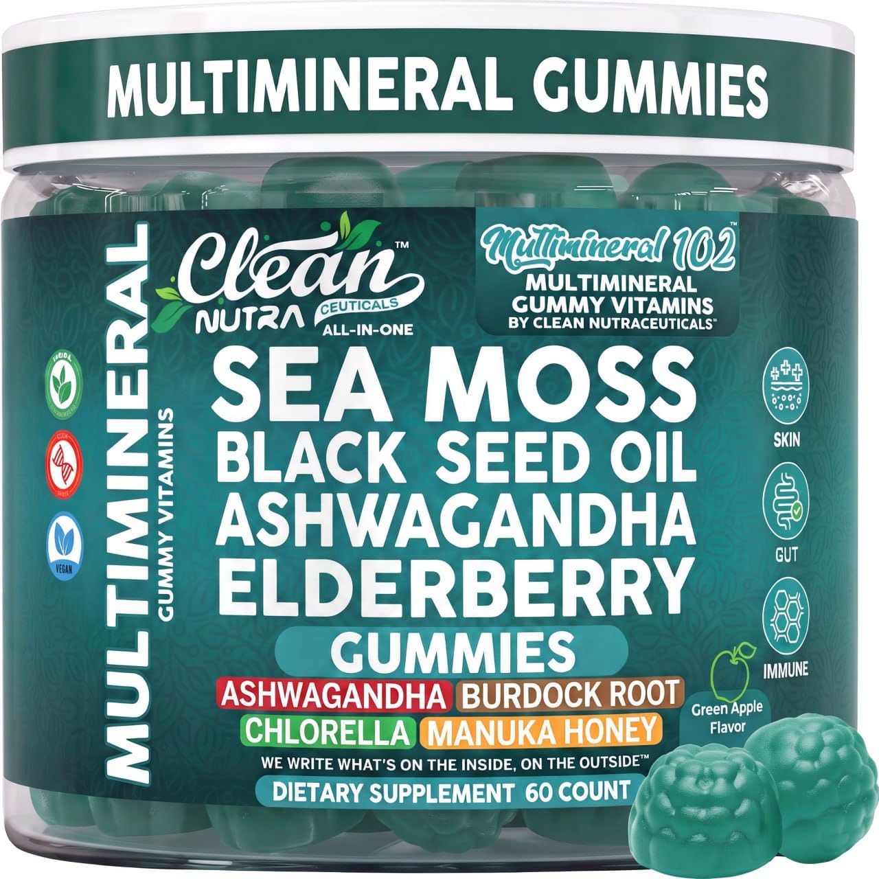 Sea Moss Gummies | Clinically Tested - Black Seed Oil Ashwagandha Elderberry Burdock Root Chlorella Manuka Honey - Vegan Irish Sea Moss Gummy Vitamins for Adults Kids Men Women - Green Apple Flavor