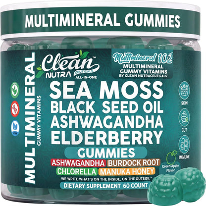 Sea Moss Gummies | Clinically Tested - Black Seed Oil Ashwagandha Elderberry Burdock Root Chlorella Manuka Honey - Vegan Irish Sea Moss Gummy Vitamins for Adults Kids Men Women - Green Apple Flavor
