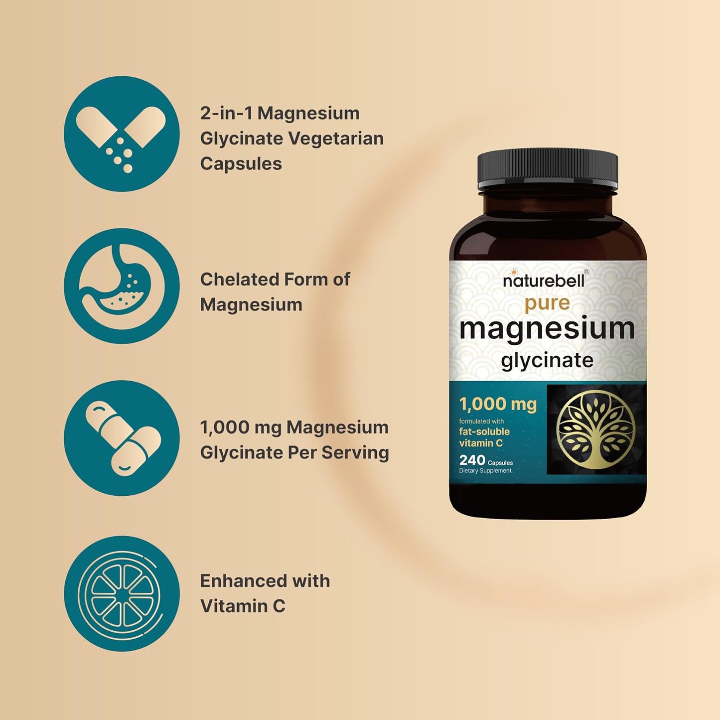 NatureBell Pure Magnesium Glycinate 1,000 mg, 240 Vegetarian Capsules | 1,000 mg Magnesium Glycinate Per Serving - Chelated Magnesium Form with Vitamin C – Non-GMO, Filler Free, cGMP Manufactured