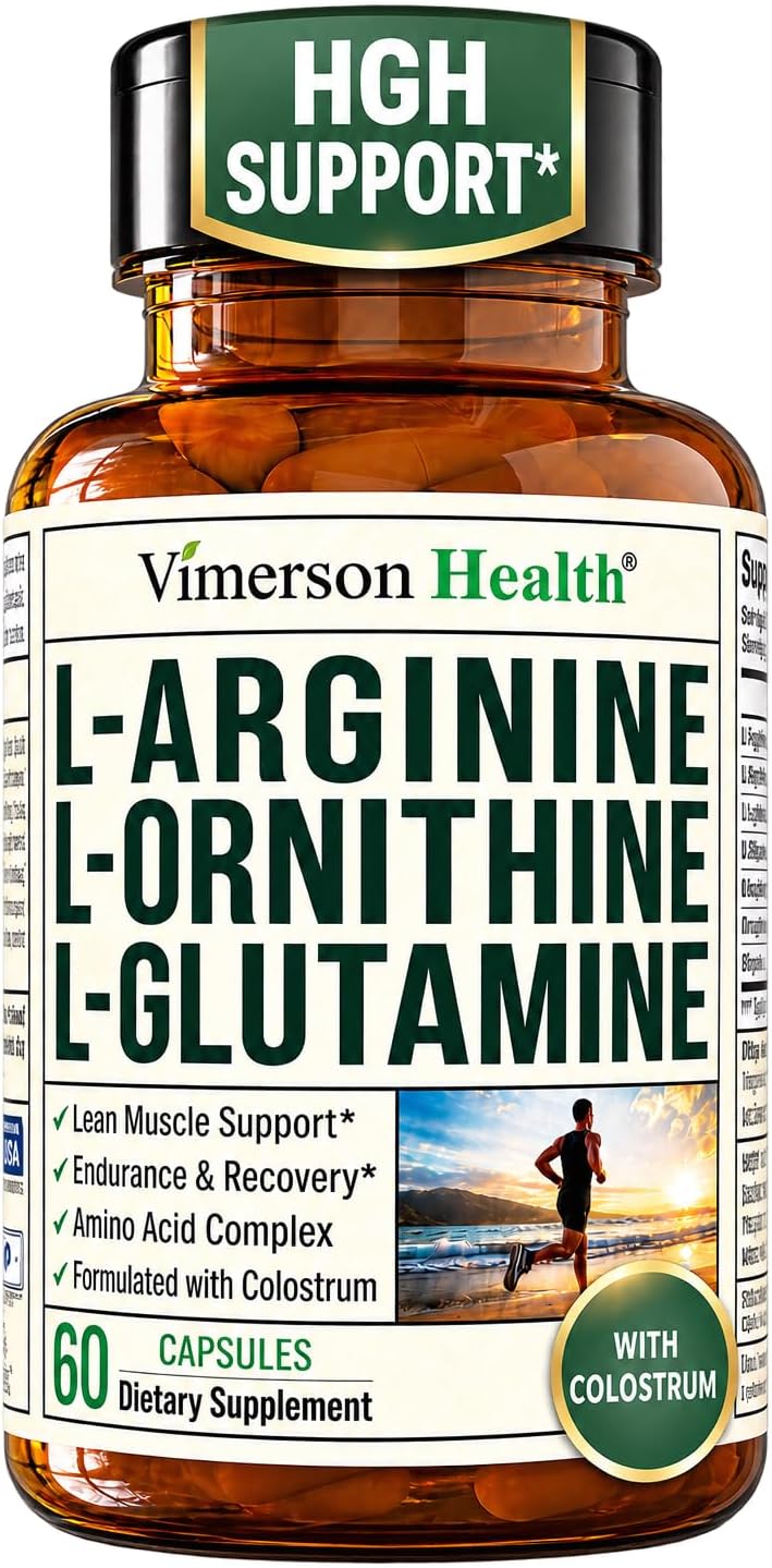 Vimerson Health L-Arginine L-Ornithine L-Glutamine with Colostrum – HGH Supplements for Men & Women – Muscle Growth & Recovery Support – 60 Capsules 30-Day Supply
