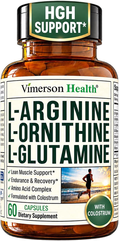 Vimerson Health L-Arginine L-Ornithine L-Glutamine with Colostrum – HGH Supplements for Men & Women – Muscle Growth & Recovery Support – 60 Capsules 30-Day Supply