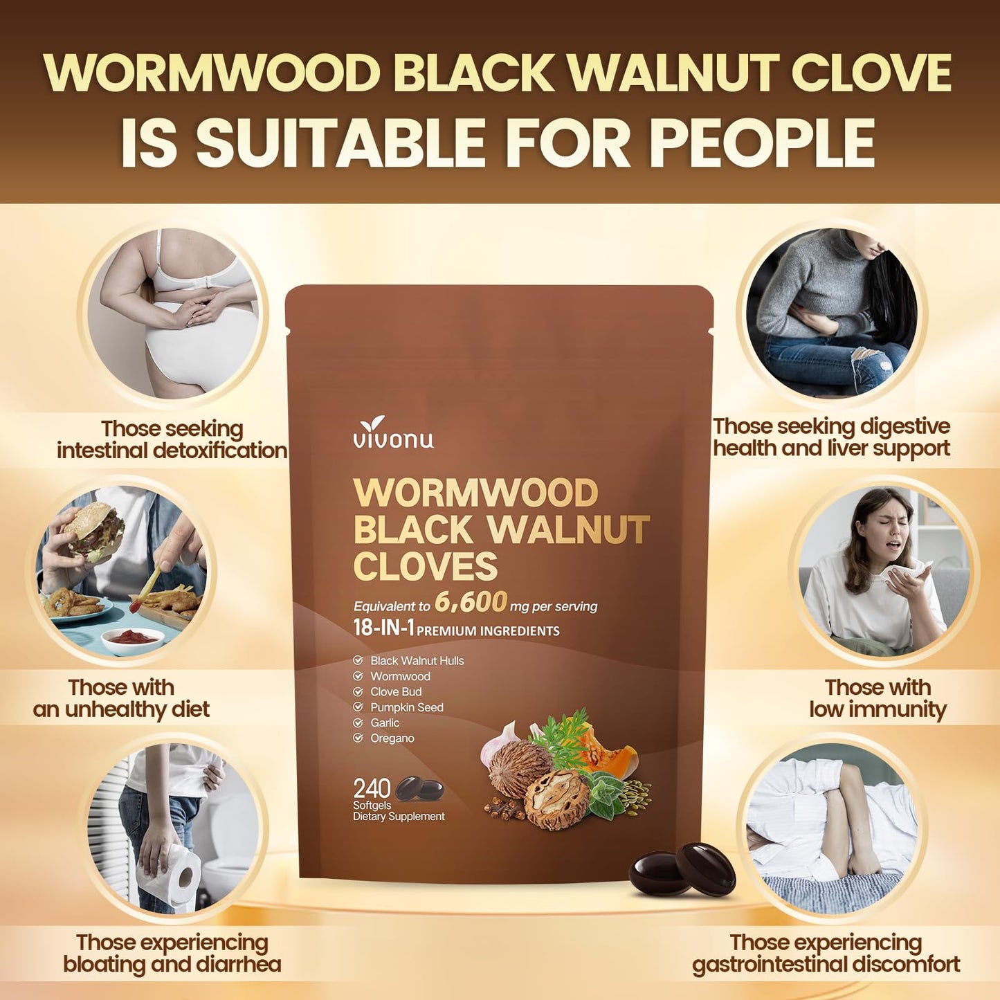 VivoNu 18-in-1 Black Walnut Wormwood, Rapid Gut Cleanse & Digestive Health with Clove, Garlic, Turmeric, Pumpkin Seed, Oregano, Berberine & More, 2 Bag