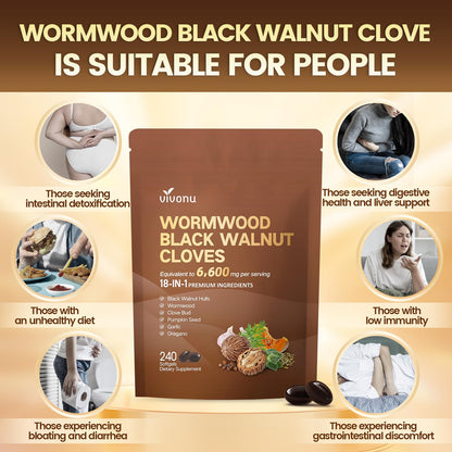 VivoNu 18-in-1 Black Walnut Wormwood, Rapid Gut Cleanse & Digestive Health with Clove, Garlic, Turmeric, Pumpkin Seed, Oregano, Berberine & More, 2 Bag