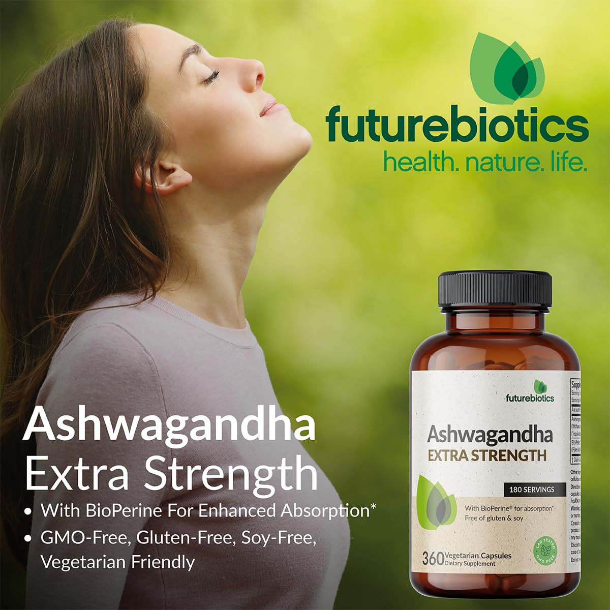 Futurebiotics Ashwagandha Extra Strength Stress & Mood Support 100 Capsules | Vegetarian, Non-GMO, Gluten-FREE, Soy-FREE, BioPerine for High Absorption