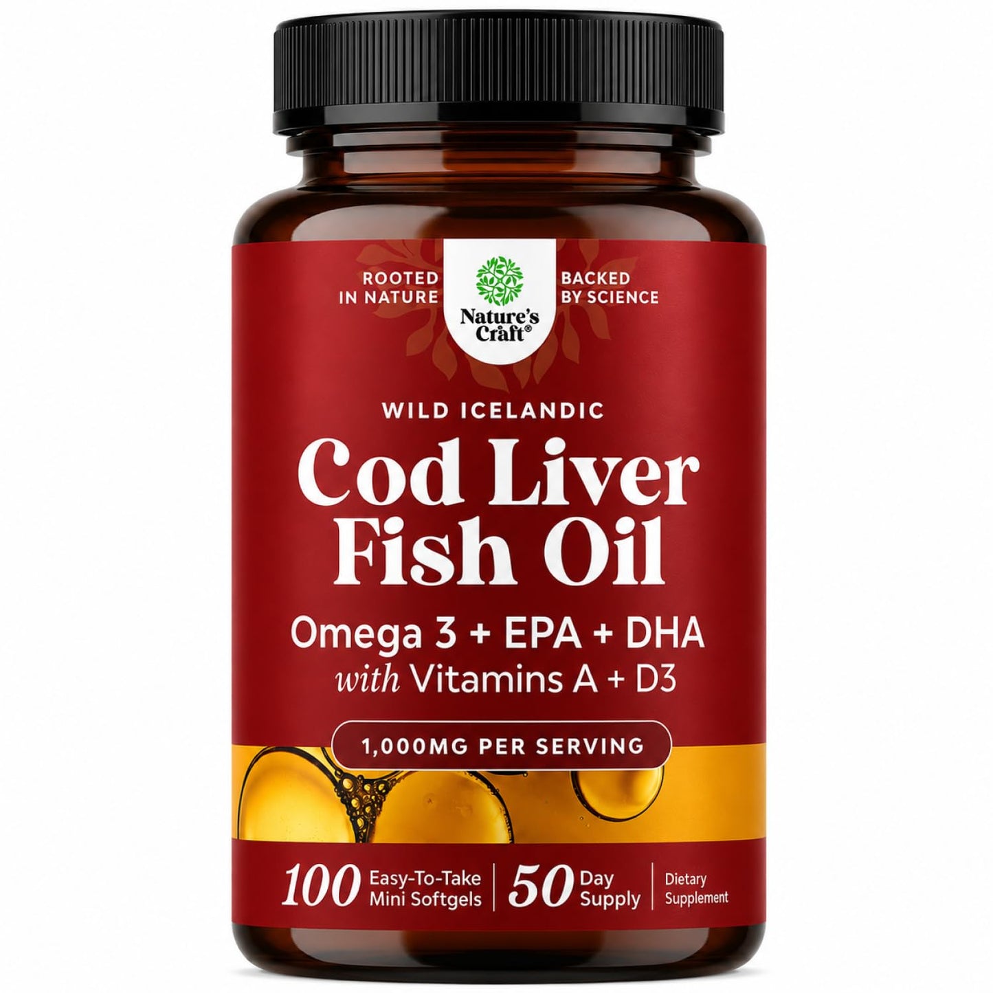 Icelandic Wild Caught Cod Liver Oil Softgels - Fish Omega 3, EPA, DHA, Vitamin D & A, 1000mg Per Serving - Burpless Capsules for Heart, Joint, Brain & Immune Support - 100 Count