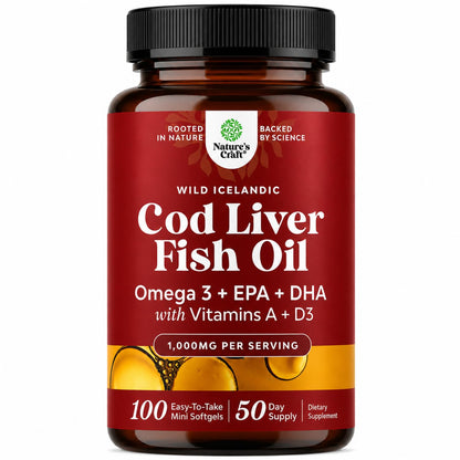 Icelandic Wild Caught Cod Liver Oil Softgels - Fish Omega 3, EPA, DHA, Vitamin D & A, 1000mg Per Serving - Burpless Capsules for Heart, Joint, Brain & Immune Support - 100 Count