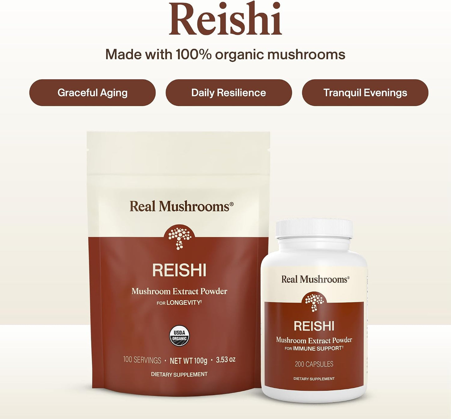 Real Mushrooms Reishi Mushroom Powder - Handpicked Organic Mushroom Extracts - Red Reishi for Tranquil Daily Wellness with Verified Beta Glucans Vegan, Non-GMO, No Grain Fillers, 100 Servings