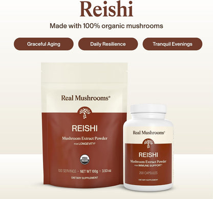 Real Mushrooms Reishi Mushroom Powder - Handpicked Organic Mushroom Extracts - Red Reishi for Tranquil Daily Wellness with Verified Beta Glucans Vegan, Non-GMO, No Grain Fillers, 100 Servings