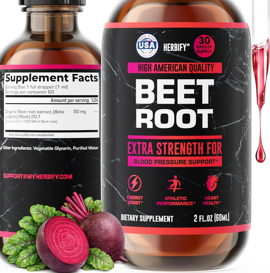 HERBIFY Beet Root Extract - Blood Pressure Supplement & Nitric Oxide Booster - Beetroot Supplement for Heart Health and Energy Booster for Men & Women (30 Days Supply) Made in USA 2 FL Oz