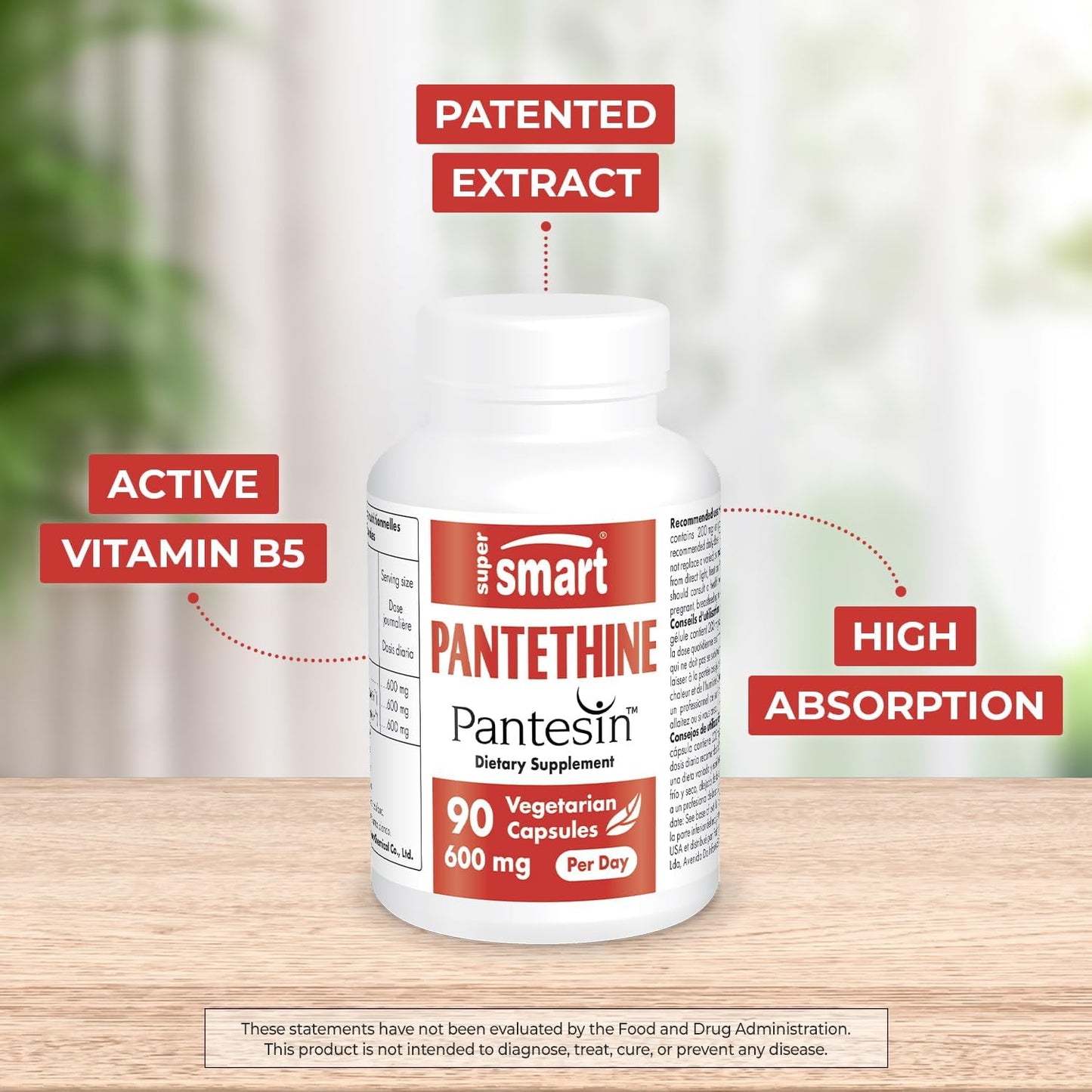 Supersmart - Pantesin Pantethine 600 mg per Day (Pantothenic Acid) - Active Vitamin B5 Supplement | Non-GMO & Gluten Free - 90 Vegetarian Capsules