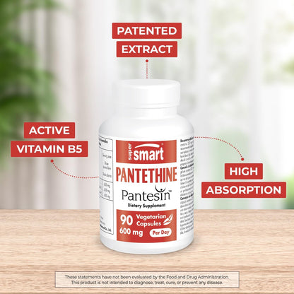 Supersmart - Pantesin Pantethine 600 mg per Day (Pantothenic Acid) - Active Vitamin B5 Supplement | Non-GMO & Gluten Free - 90 Vegetarian Capsules