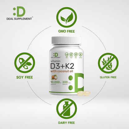 DEAL SUPPLEMENT Vitamin D3 10,000iu + K2 200mcg Softgels & Magnesium Complex Veggie Capsules Bundle – Essential Sunshine Vitamins with Coconut Oil – High Absorption Chelated Minerals, 10-in-1