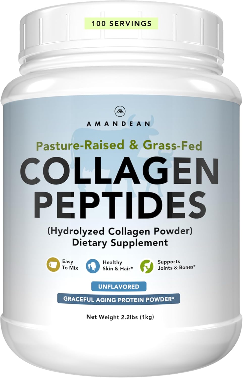 AMANDEAN Collagen Peptides Powder, Grass-Fed, Hydrolyzed, Type 1 & 3, 1kg